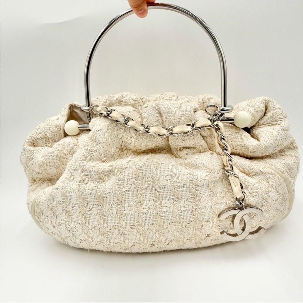 EUC Chanel Tweed Handbag White Metal Handle with Dust Bag Guarantee Card #KN729 - Picture 2 of 14